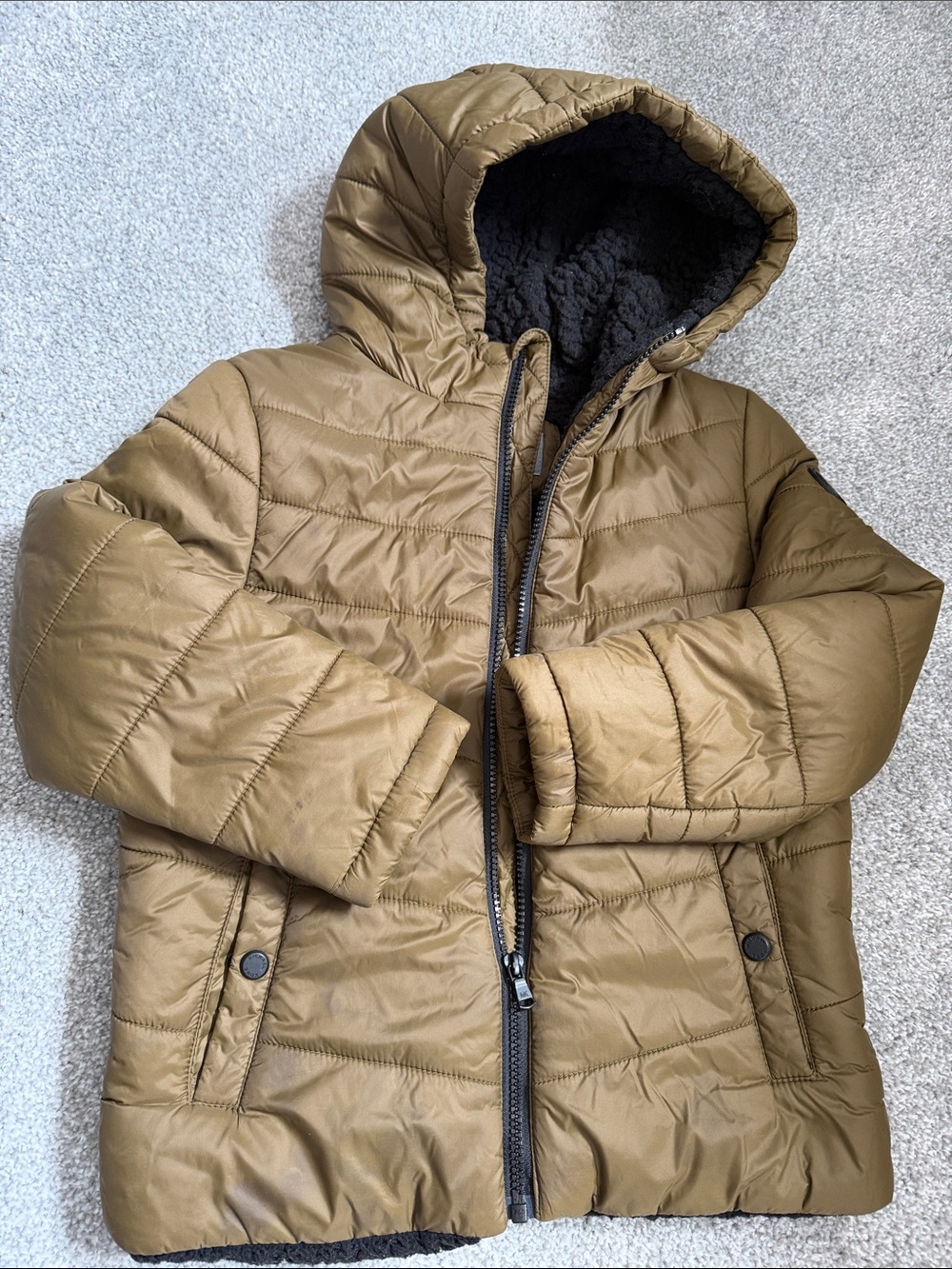 Kenneth Cole Kids Olive/Tan Quilted Hooded Puffer Jacket